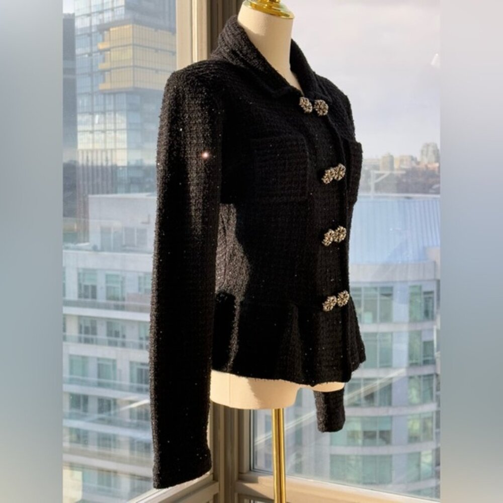 🆕 SELF PORTRAIT 🧿 NWOT Black Textured Peplum Knit Jacket - Sz Large - Picture 7 of 16